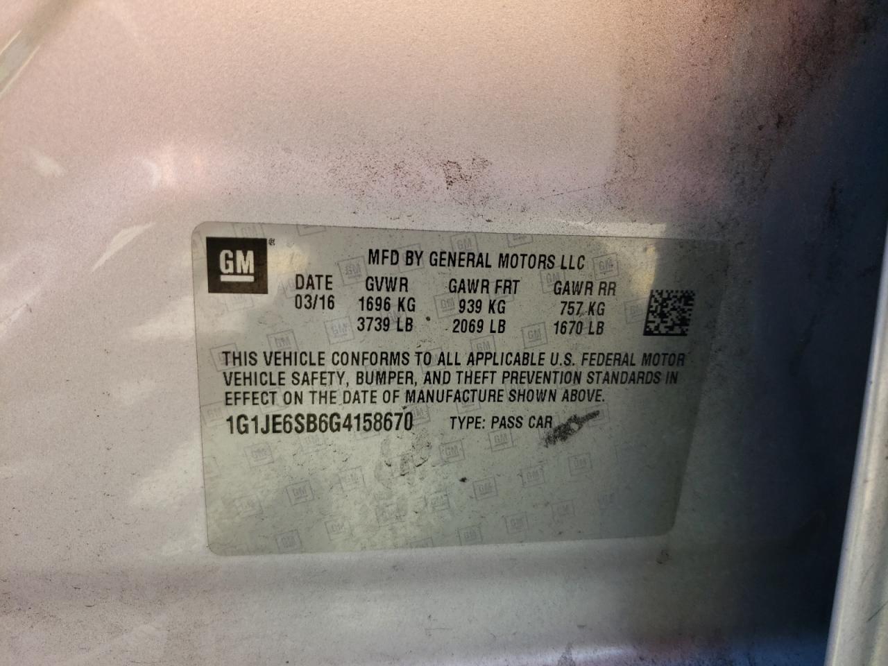 1G1JE6SB6G4158670 CHEVROLET SONIC 2016