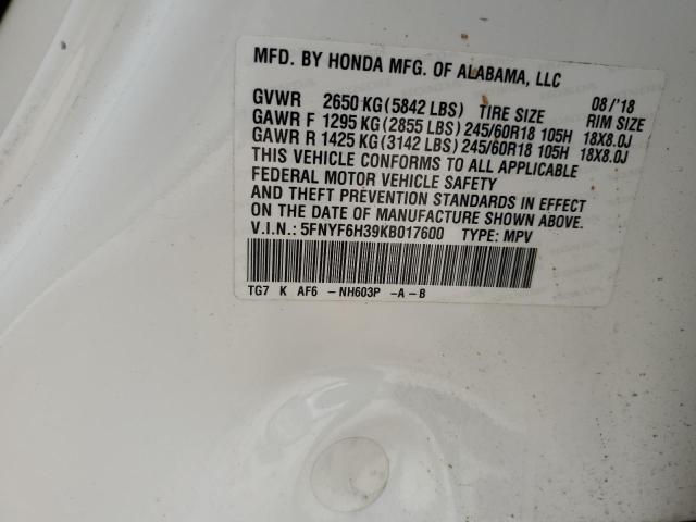 5FNYF6H39KB017600 Honda Pilot Ex