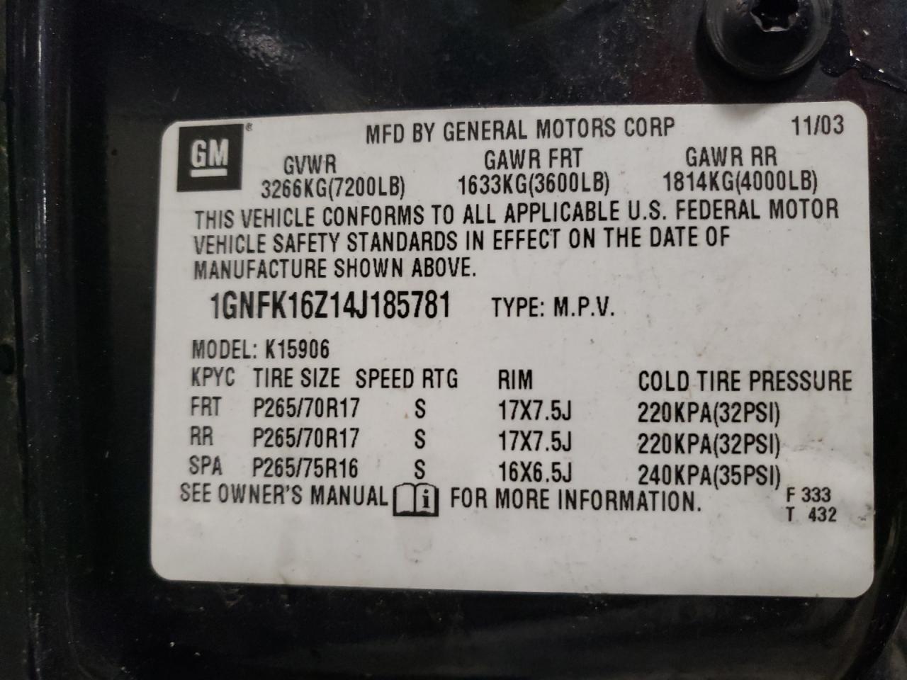 1gnfk16z14j185781 1GNFK16Z14J185781 2004 Chevrolet Suburban K1500