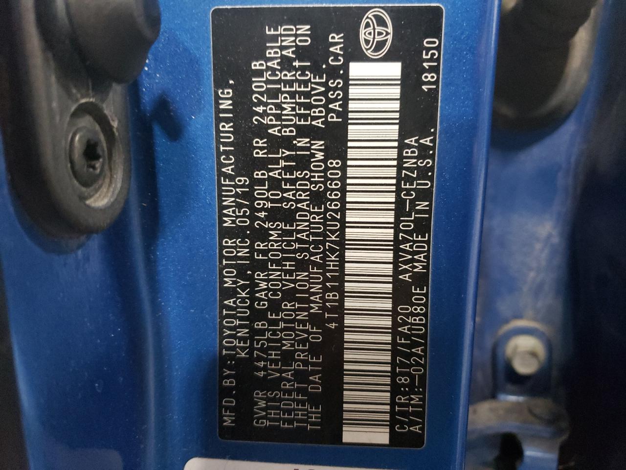 4T1B11HK7KU266608 TOYOTA CAMRY 2019