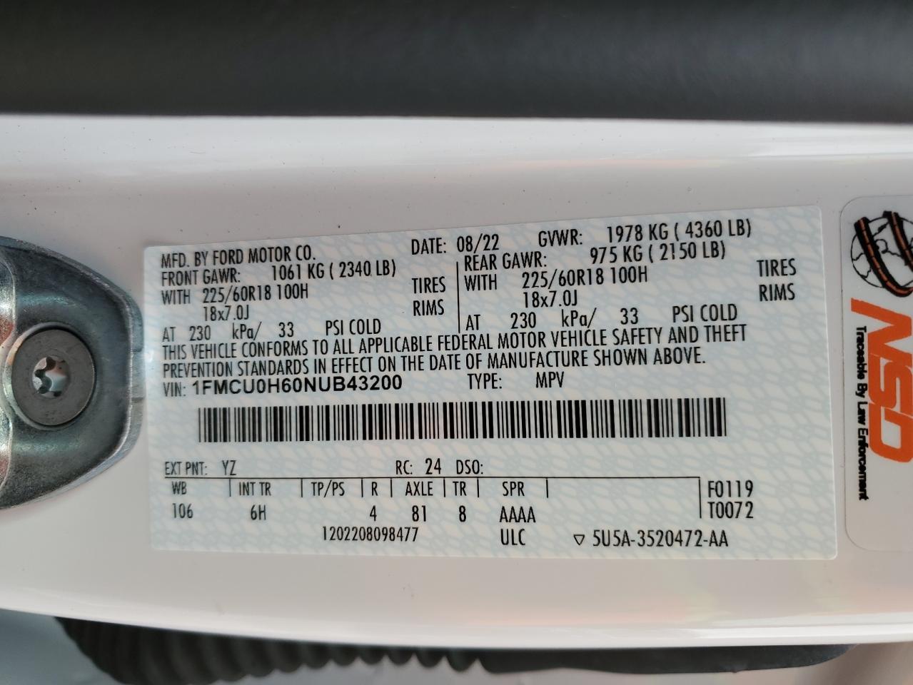1FMCU0H60NUB43200 FORD ESCAPE 2022