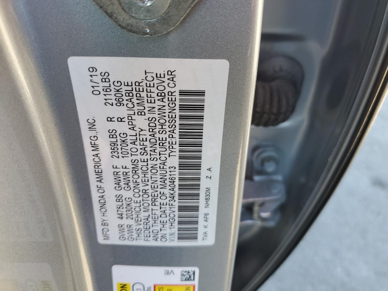 1HGCV1F34KA046113 HONDA ACCORD 2019