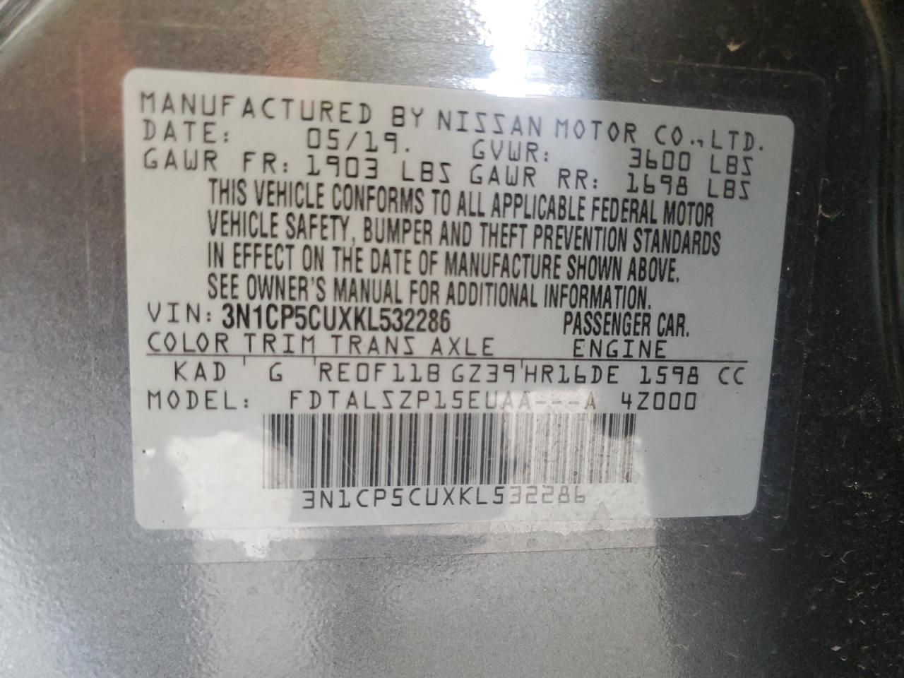 3N1CP5CUXKL532286 NISSAN KICKS 2019