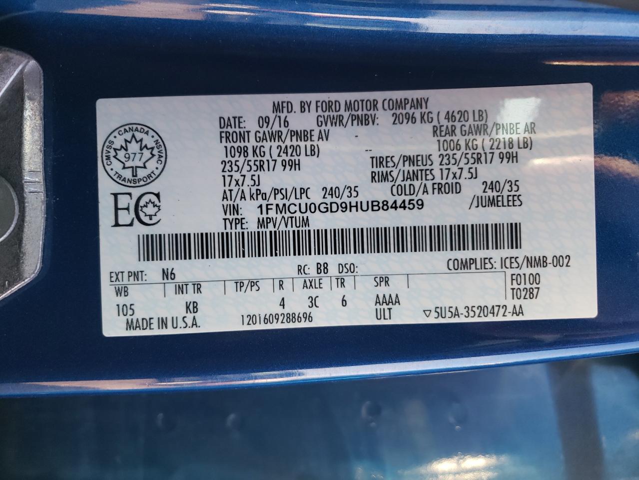 1FMCU0GD9HUB84459 FORD ESCAPE 2017