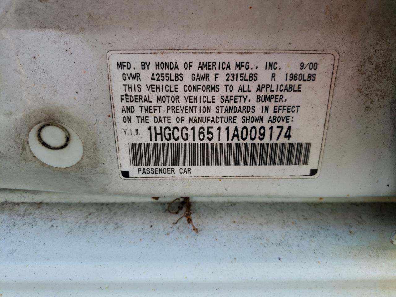 1HGCG16511A009174 2001 Honda Accord Ex