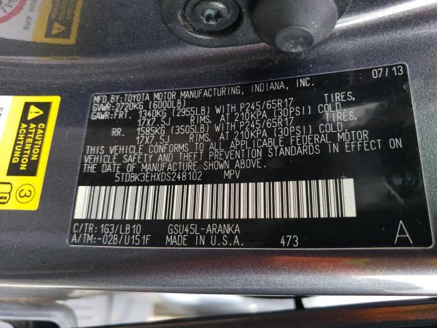 VIN 5TDBK3EHXDS248102 2013 Toyota Highlander, Base no.13