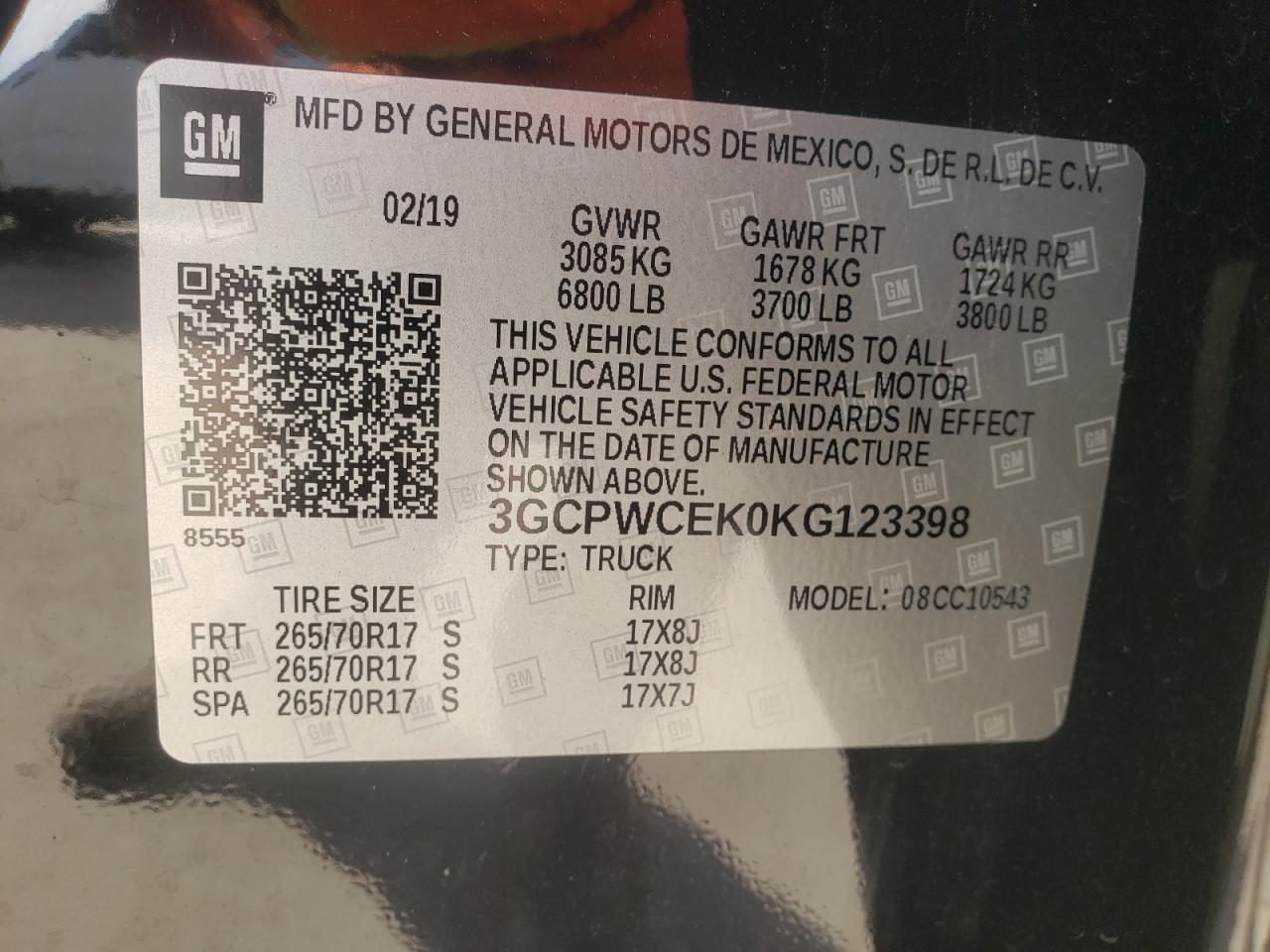 3GCPWCEK0KG123398 CHEVROLET ALL Models 2019