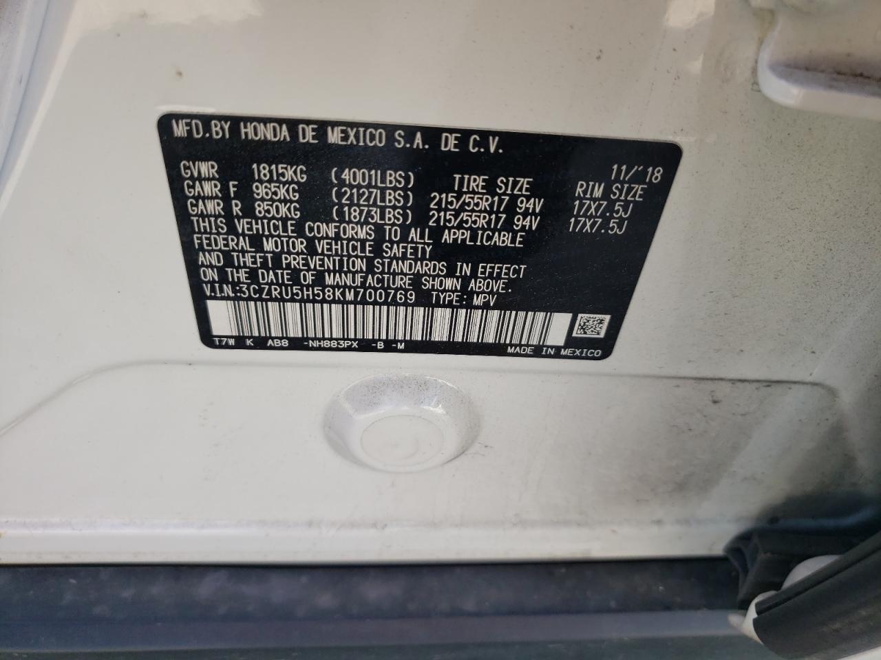 3CZRU5H58KM700769 HONDA HR-V 2019