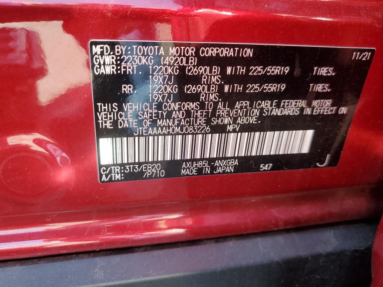 JTEAAAAH0MJ083226 TOYOTA VENZA 2021