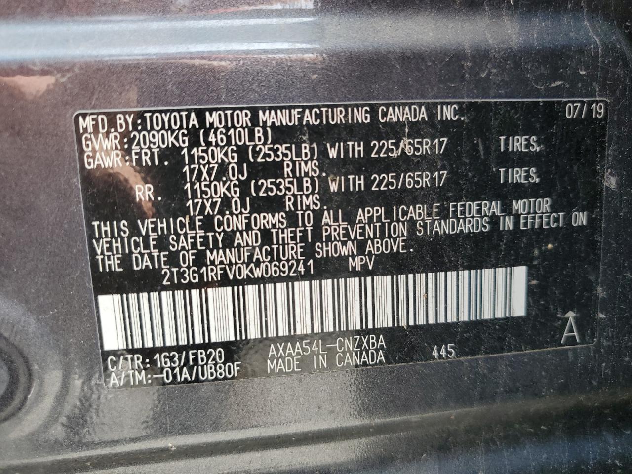 2T3G1RFV0KW069241 TOYOTA RAV4 2019