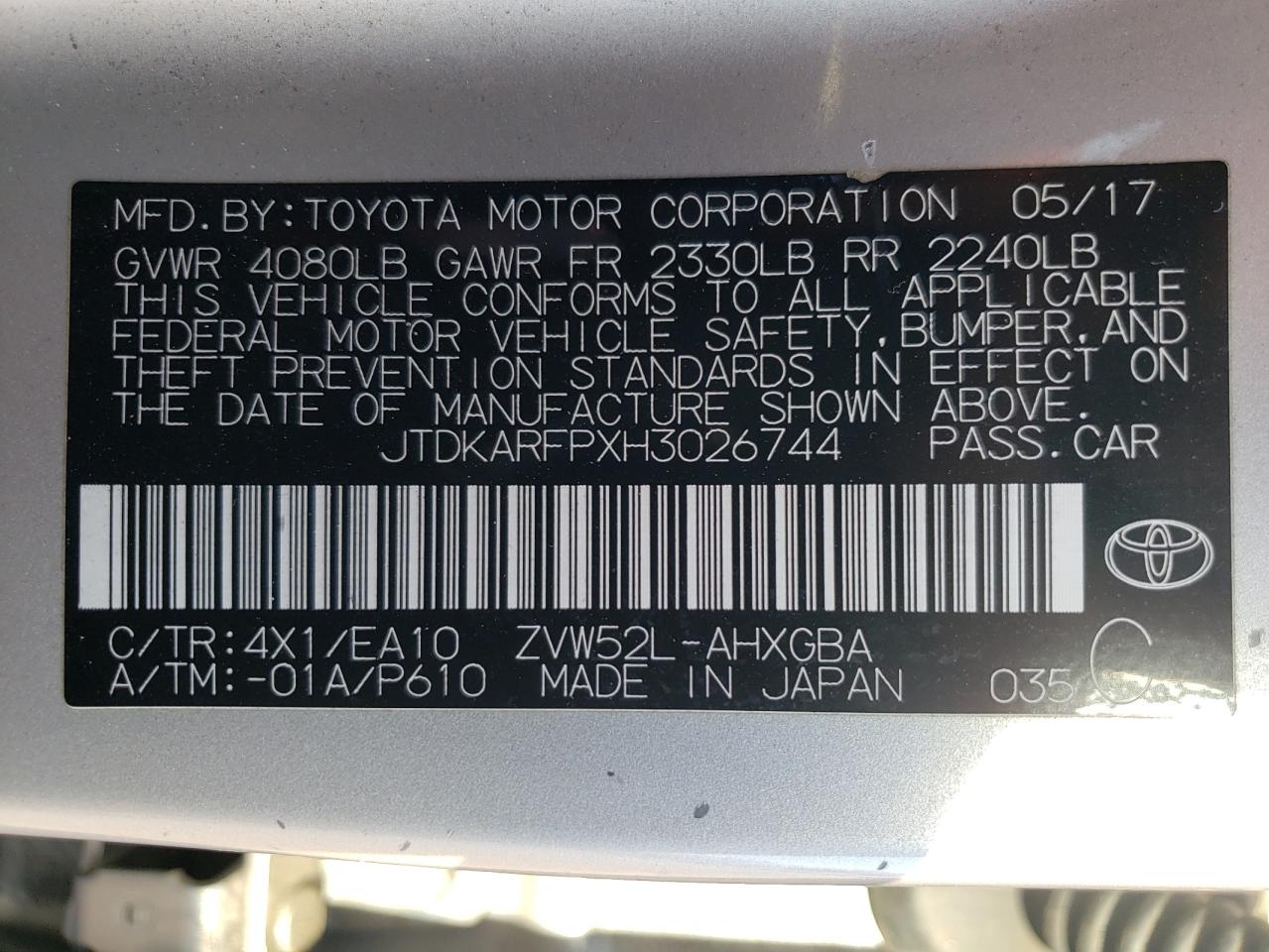 JTDKARFPXH3026744 TOYOTA PRIUS 2017