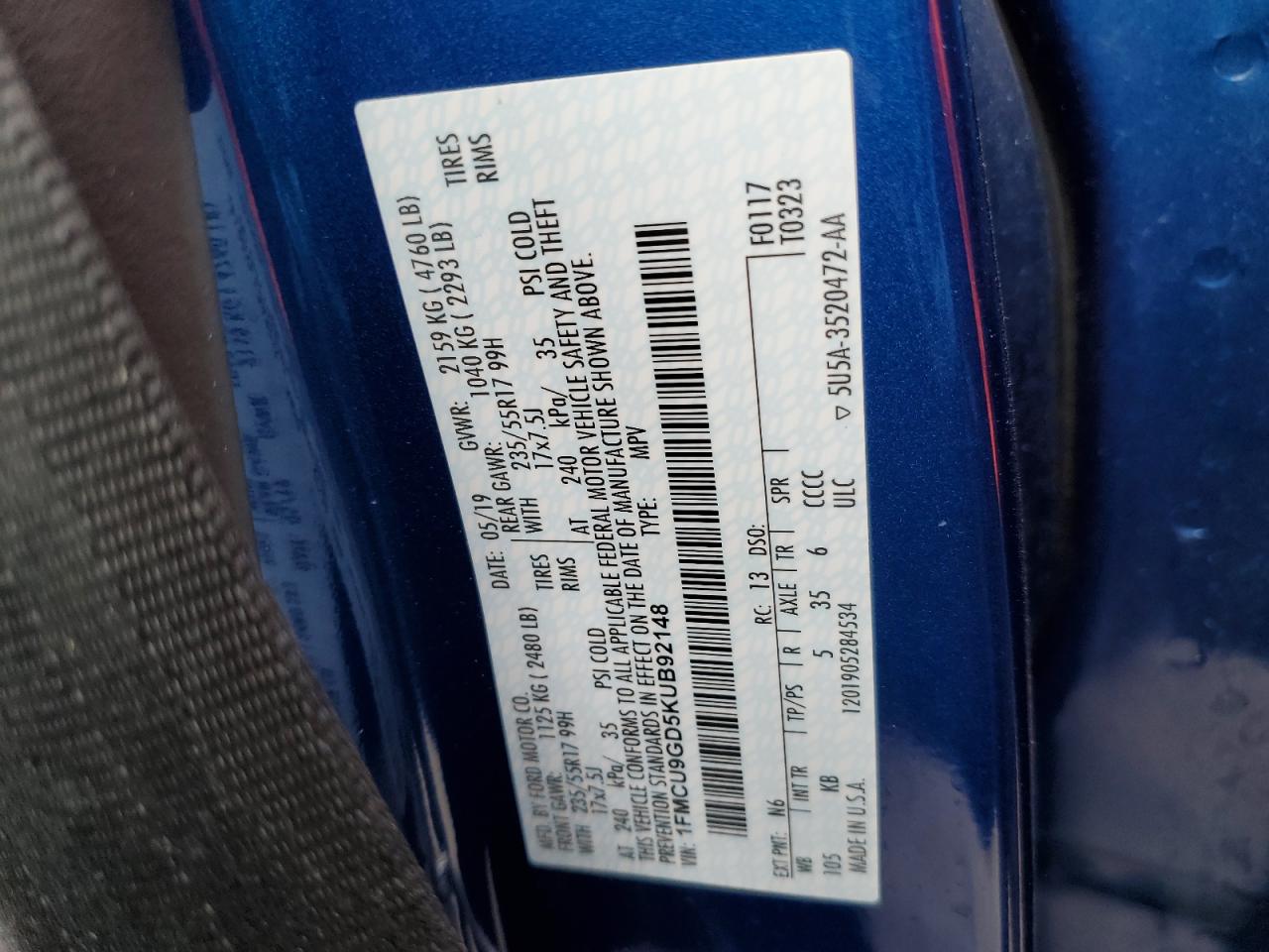 1FMCU9GD5KUB92148 FORD ESCAPE 2019