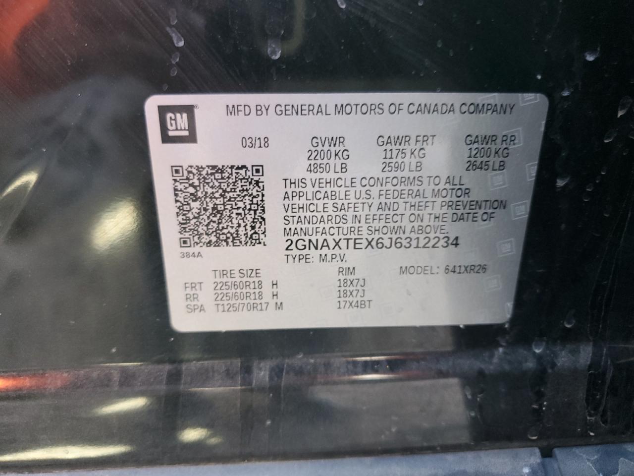 2GNAXTEX6J6312234 CHEVROLET EQUINOX 2018