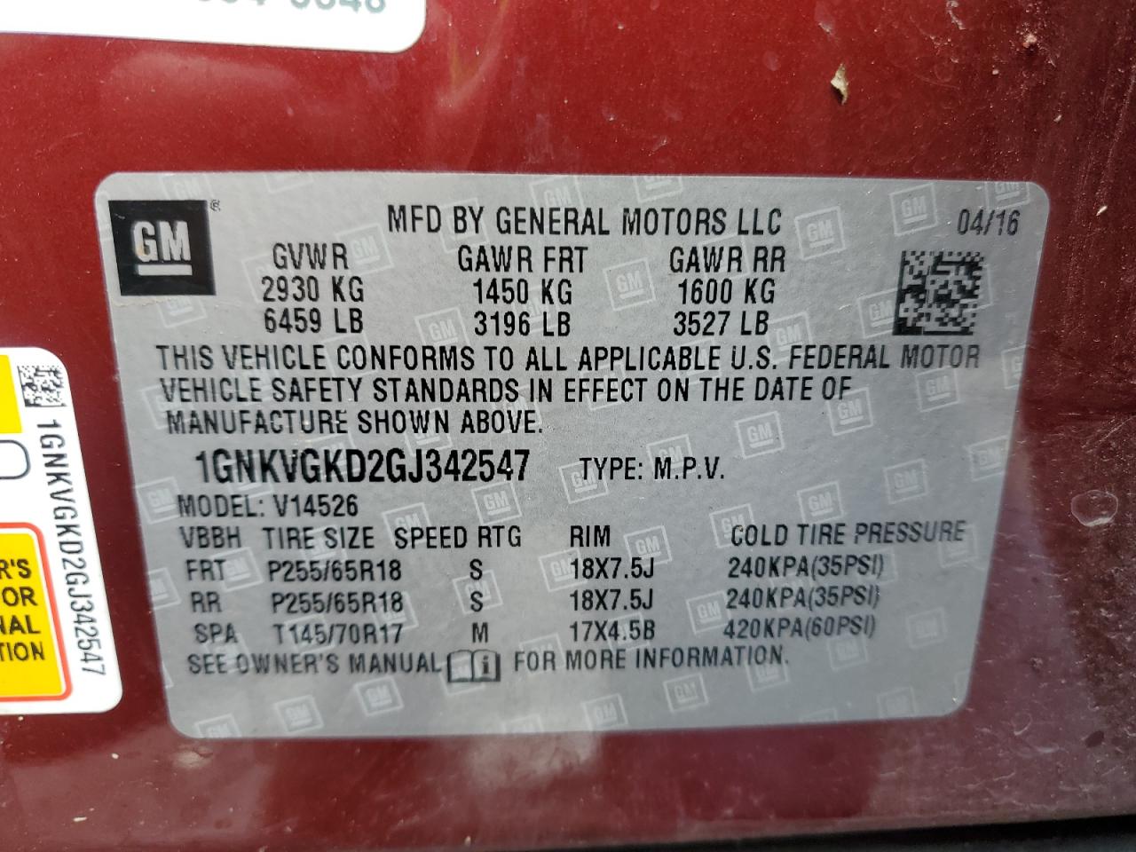 1GNKVGKD2GJ342547 CHEVROLET TRAVERSE 2016