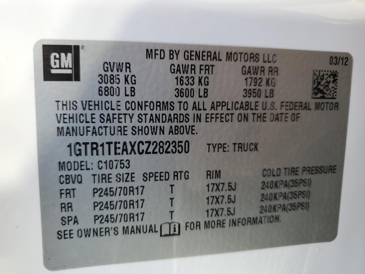 1GTR1TEAXCZ282350 2012 GMC Sierra C1500