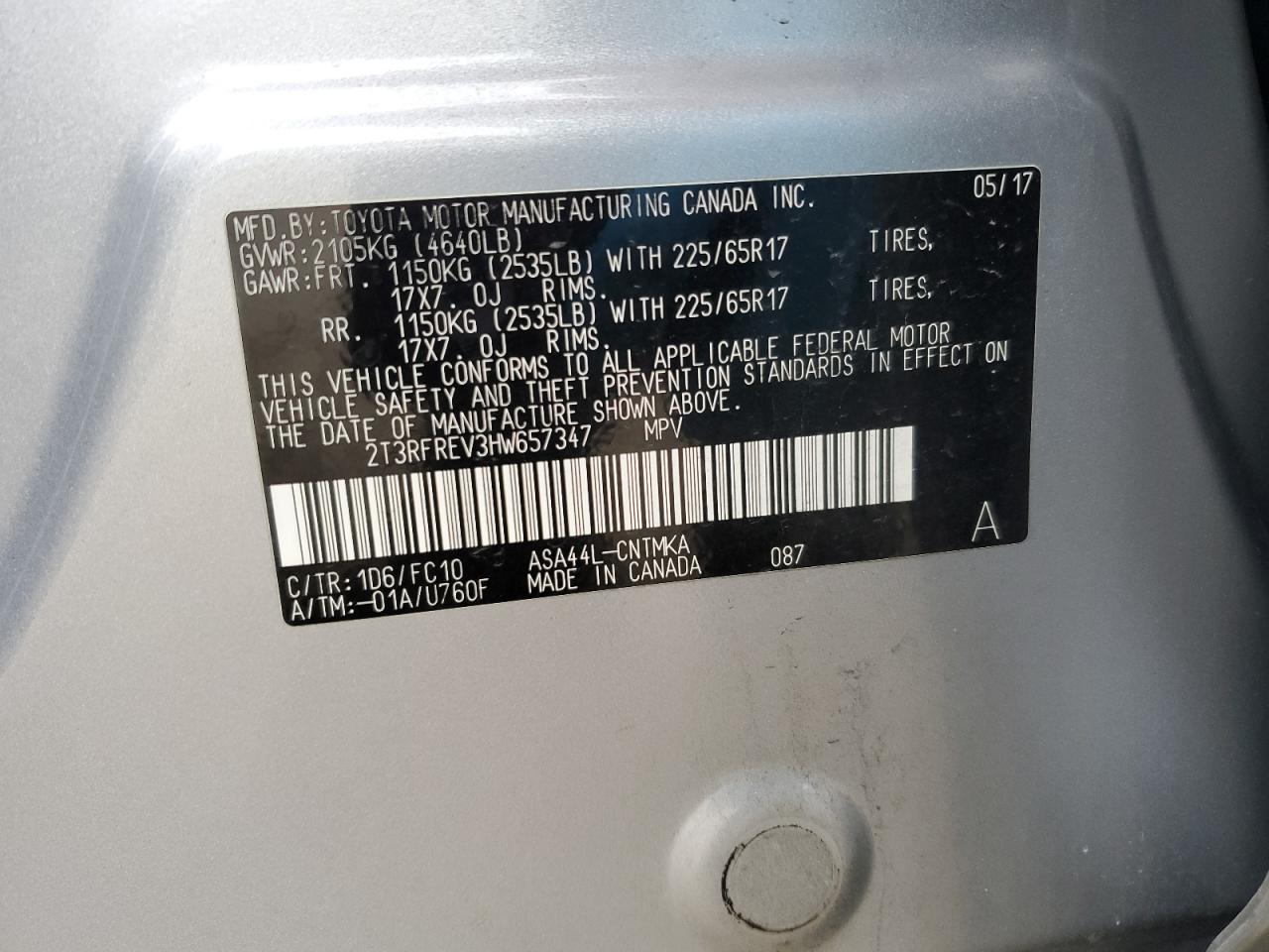 2T3RFREV3HW657347 TOYOTA RAV4 2017
