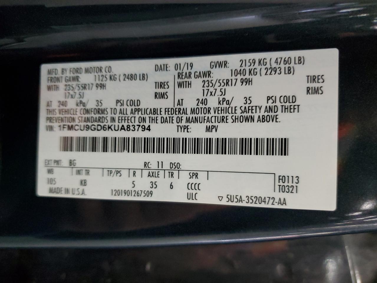 1FMCU9GD6KUA83794 FORD ESCAPE 2019