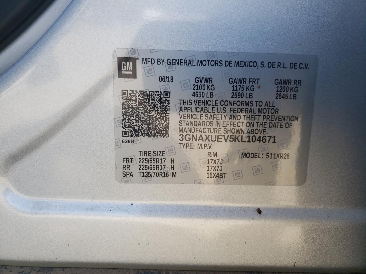 3GNAXUEV5KL104671 CHEVROLET EQUINOX 2019