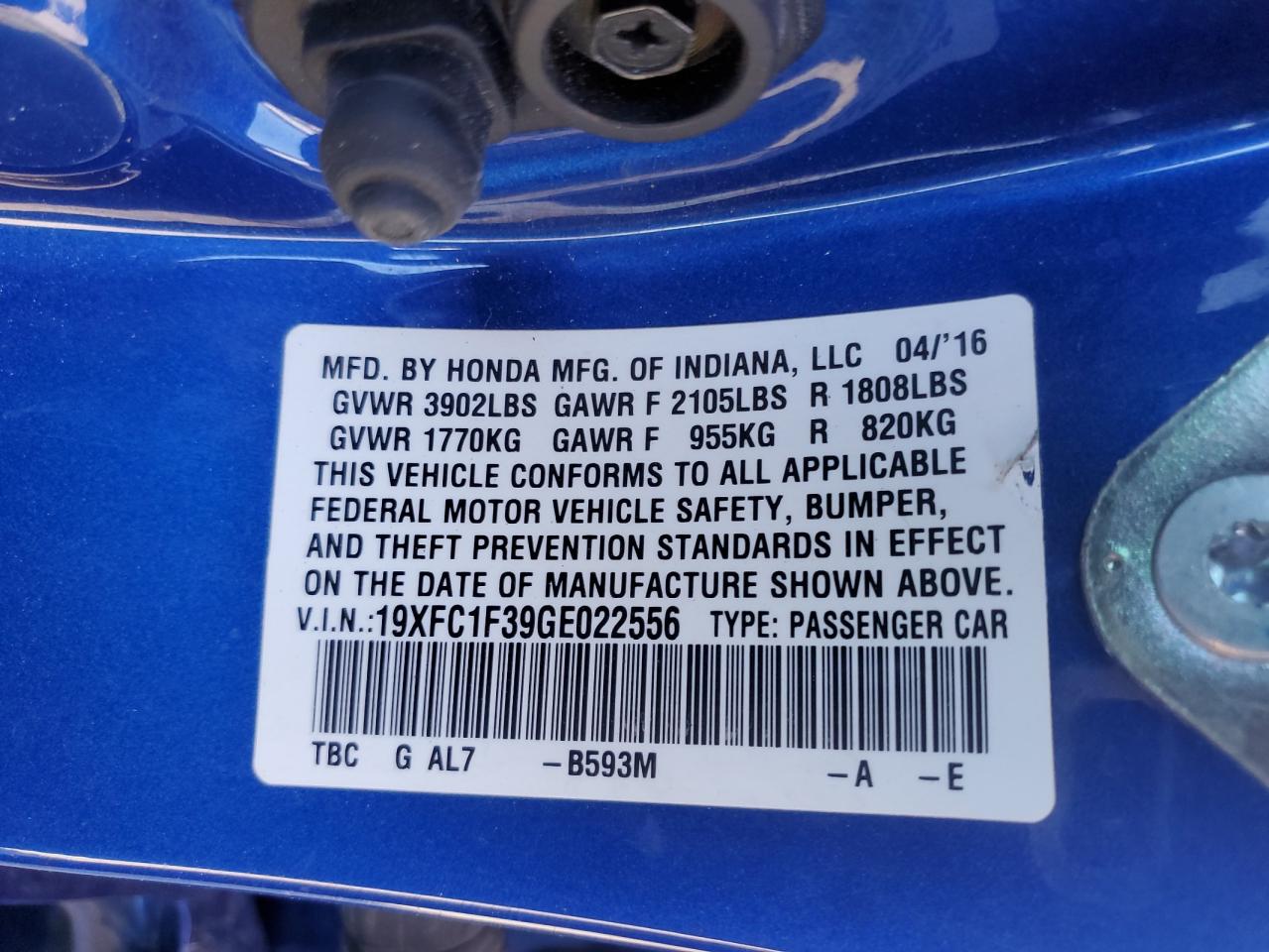 19XFC1F39GE022556 HONDA CIVIC 2016