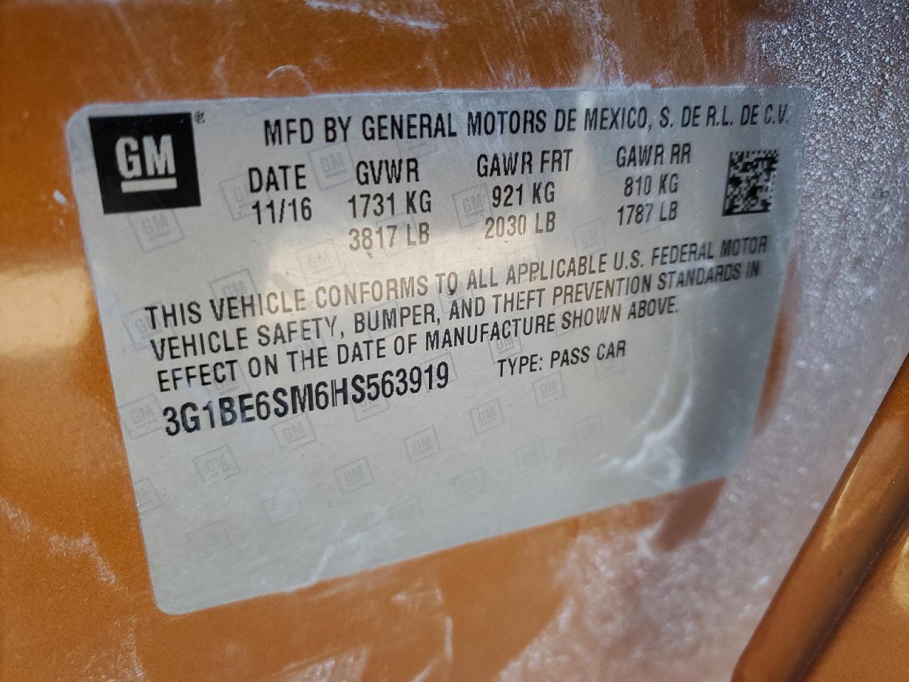 3G1BE6SM6HS563919 CHEVROLET CRUZE 2017