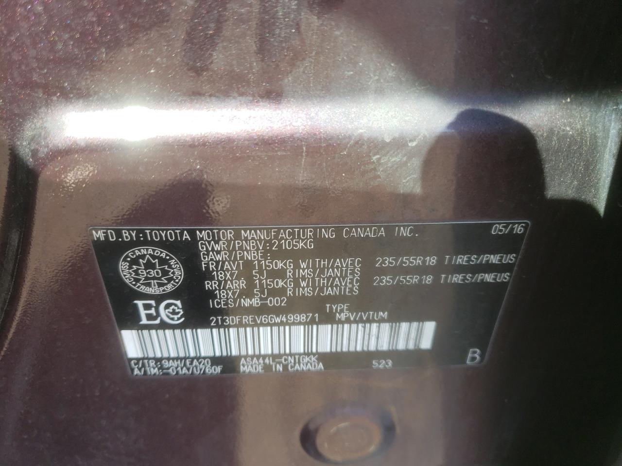 2T3DFREV6GW499871 TOYOTA RAV4 2016