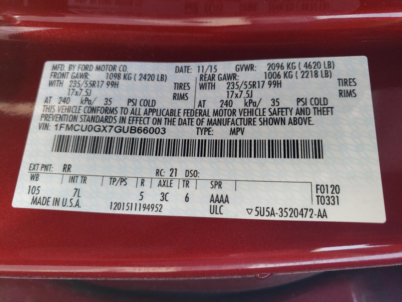 1FMCU0GX7GUB66003 FORD ESCAPE 2016