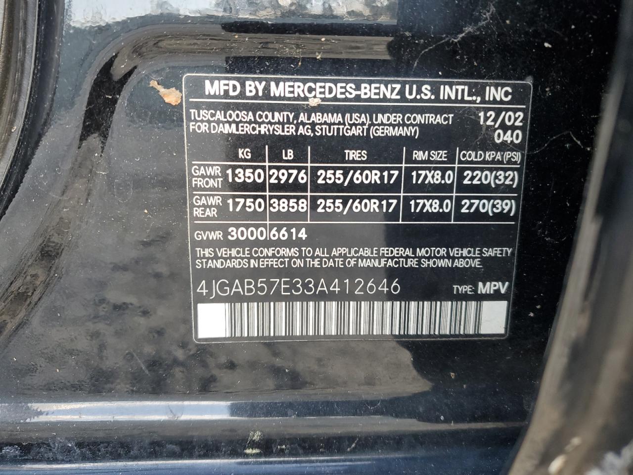 4JGAB57E33A412646 2003 Mercedes-Benz Ml 350