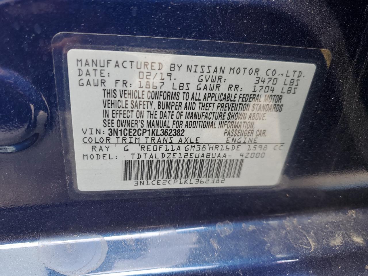 3N1CE2CP1KL362382 NISSAN VERSA 2019