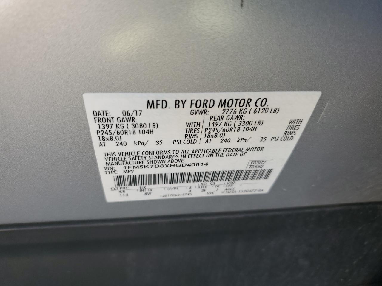 1FM5K7D8XHGD40814 FORD EXPLORER 2017