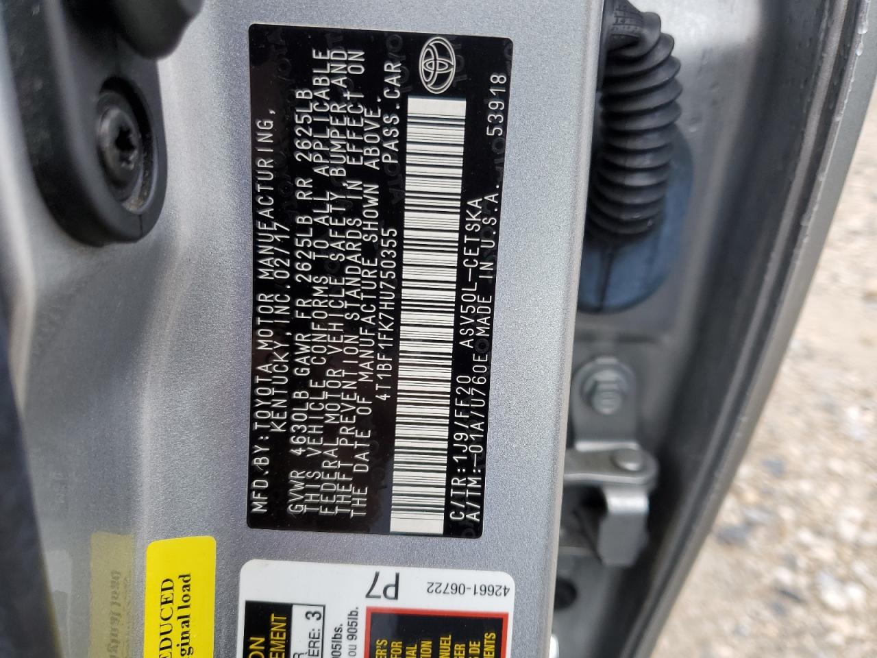 4T1BF1FK7HU750355 TOYOTA CAMRY 2017