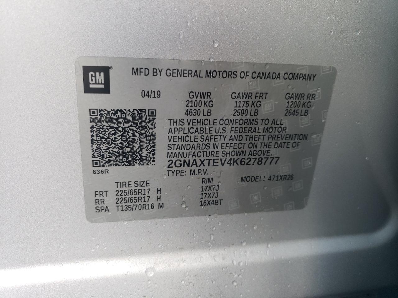 2GNAXTEV4K6278777 CHEVROLET EQUINOX 2019