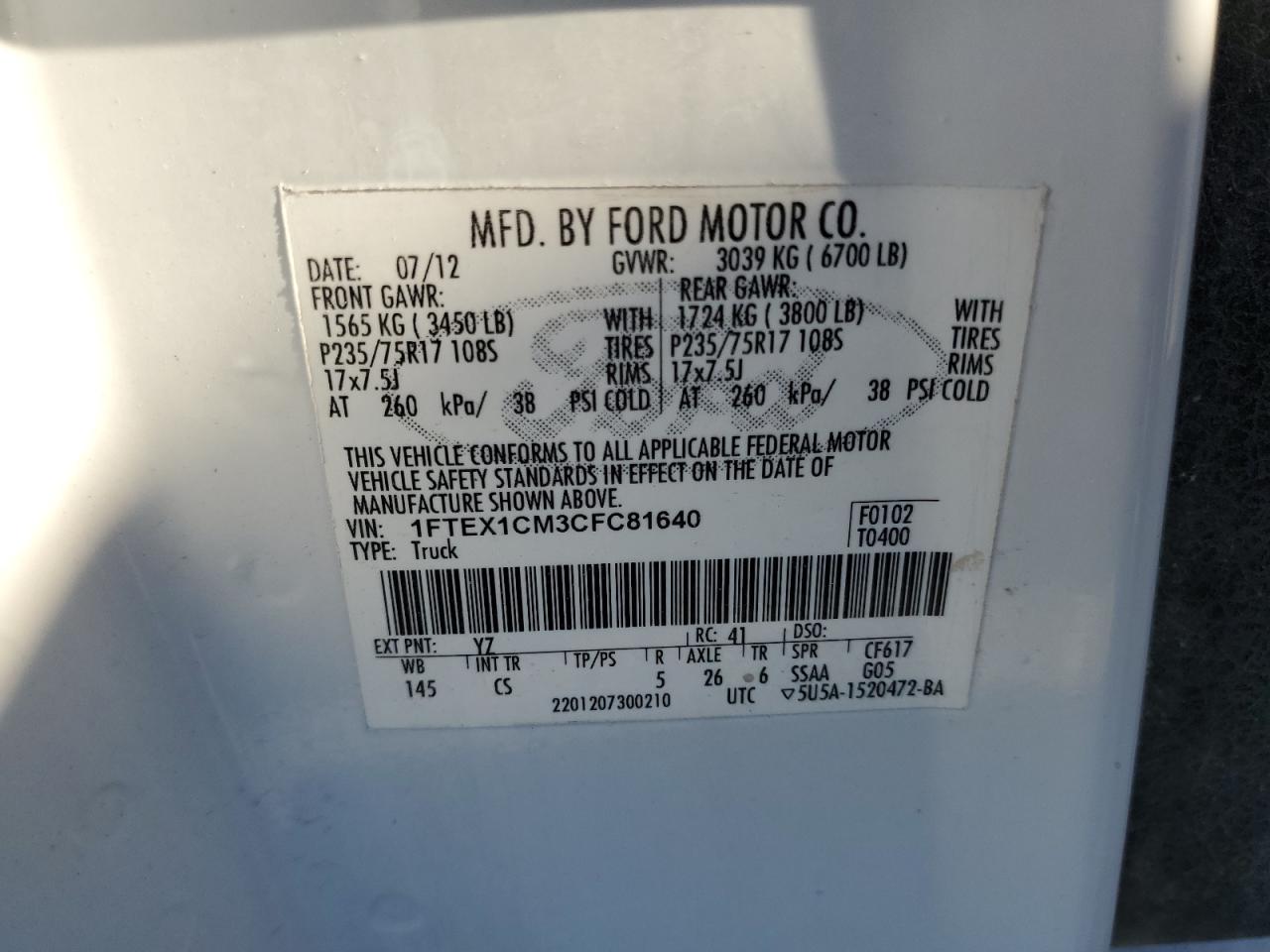 1FTEX1CM3CFC81640 2012 Ford F150 Super Cab