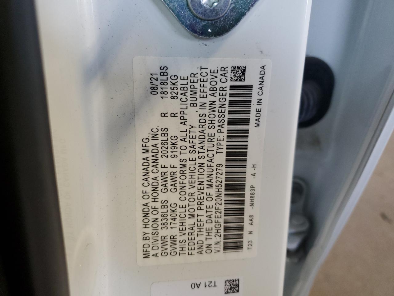 2HGFE2F20NH527279 HONDA CIVIC 2022