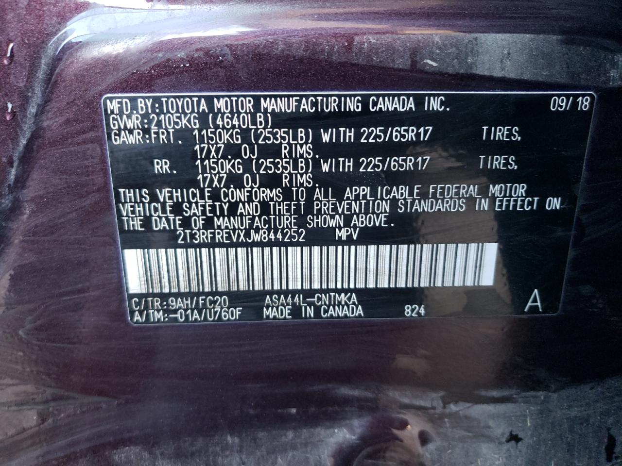 2T3RFREVXJW844252 TOYOTA RAV4 2018