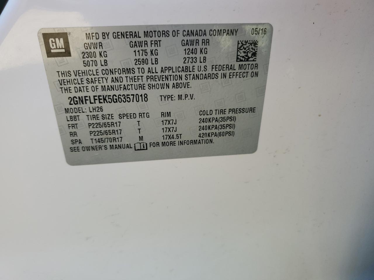 2GNFLFEK5G6357018 CHEVROLET EQUINOX 2016