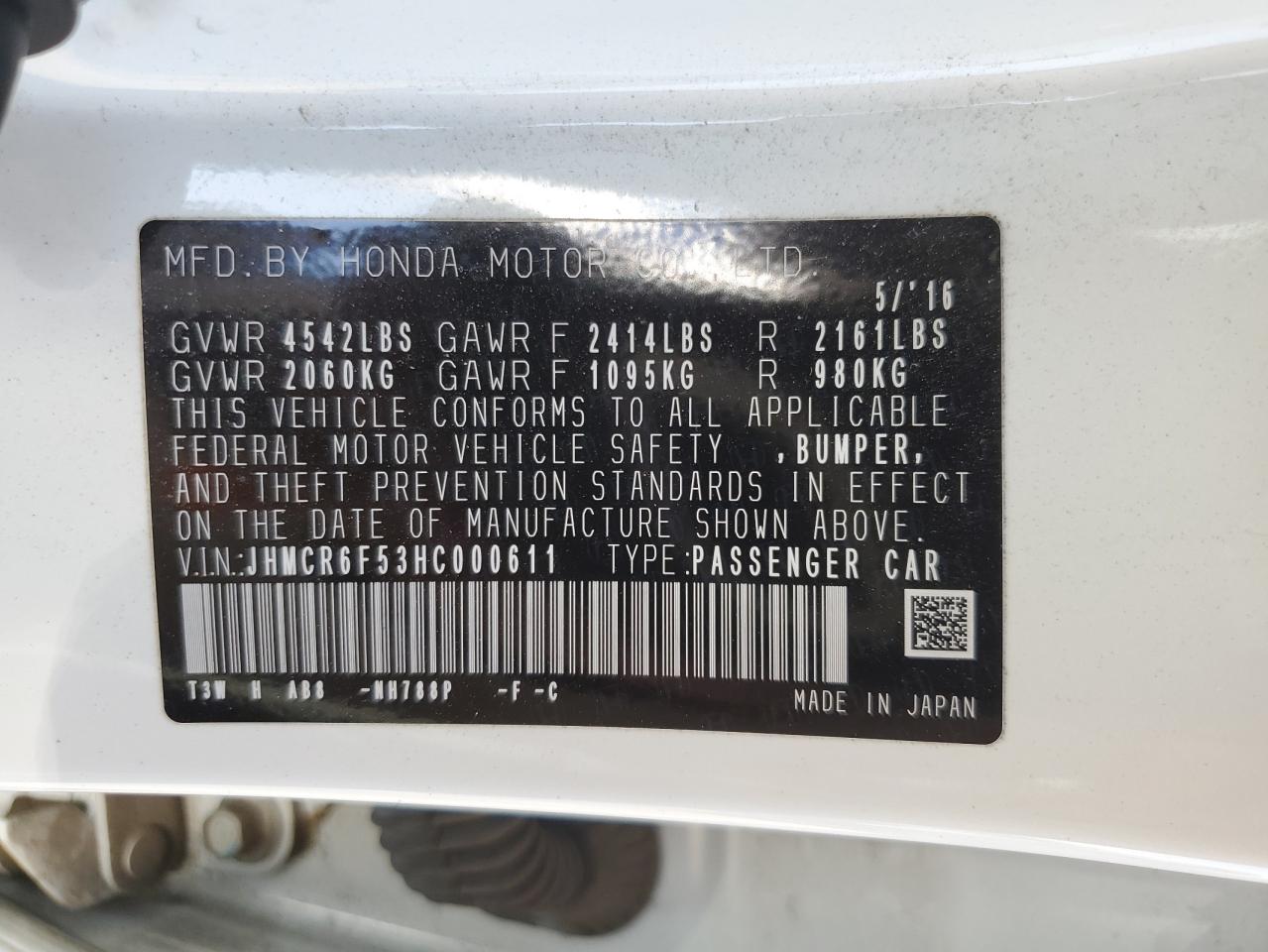 JHMCR6F53HC000611 HONDA ACCORD 2017