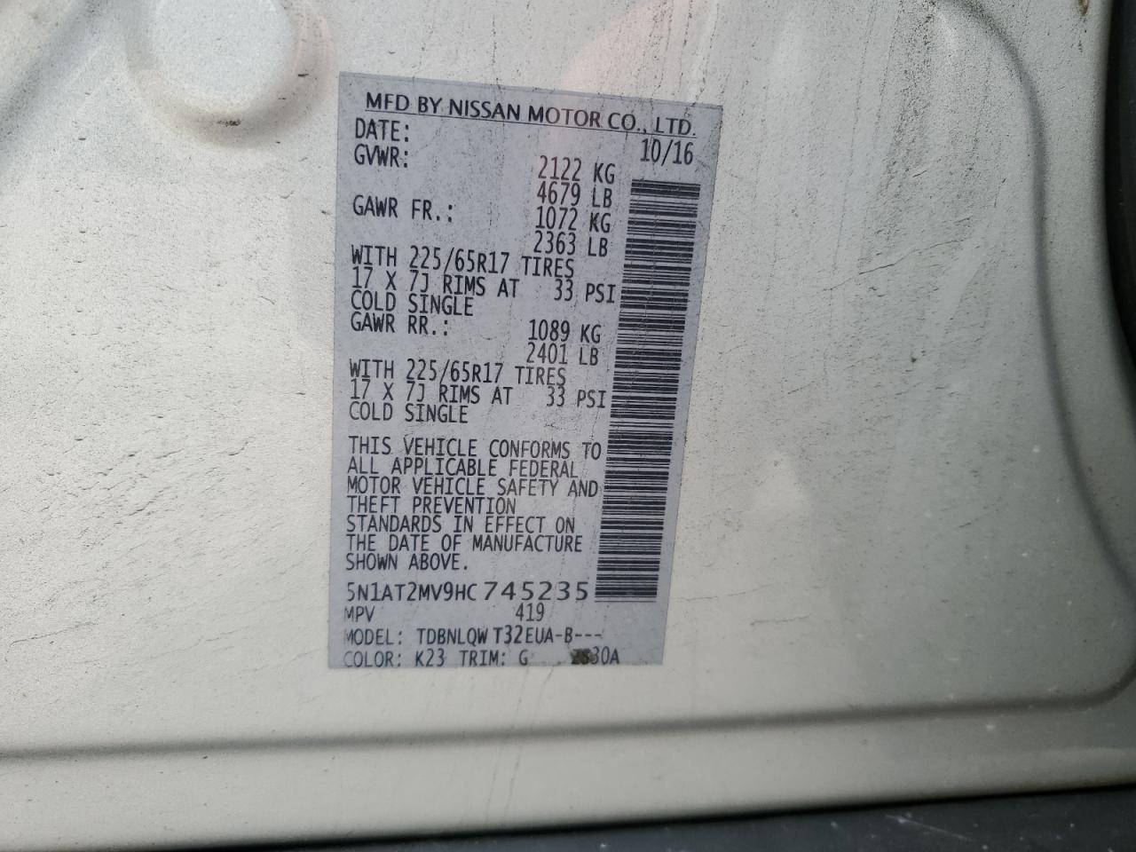 5N1AT2MV9HC745235 NISSAN ROGUE 2017