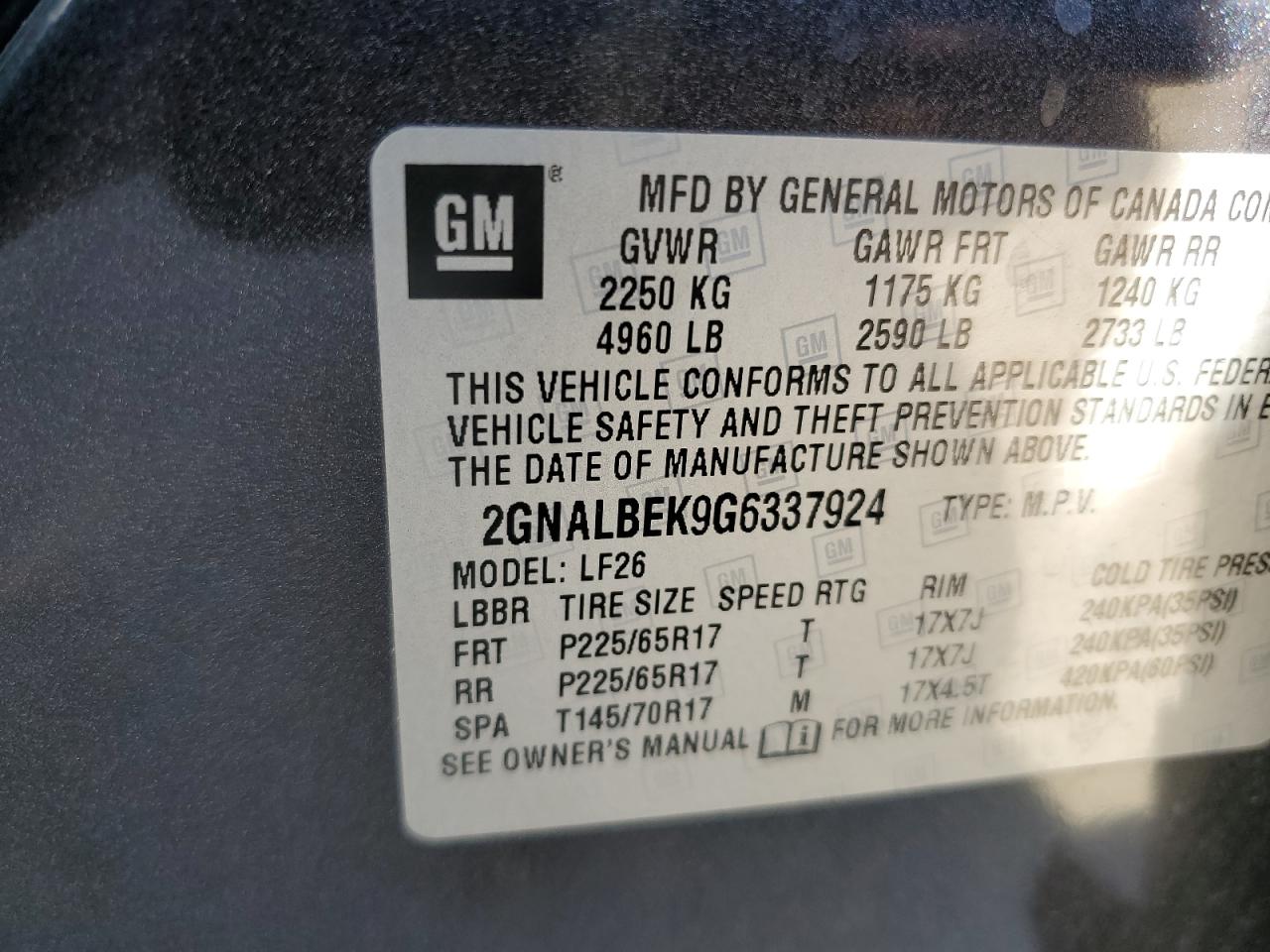 2GNALBEK9G6337924 CHEVROLET EQUINOX 2016