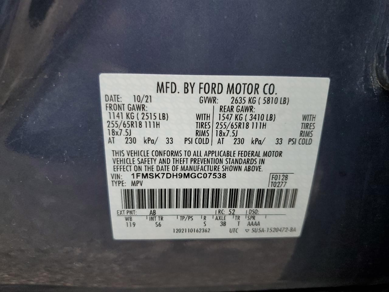 1FMSK7DH9MGC07538 FORD EXPLORER 2021