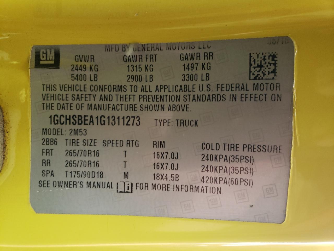 1GCHSBEA1G1311273 CHEVROLET COLORADO 2016
