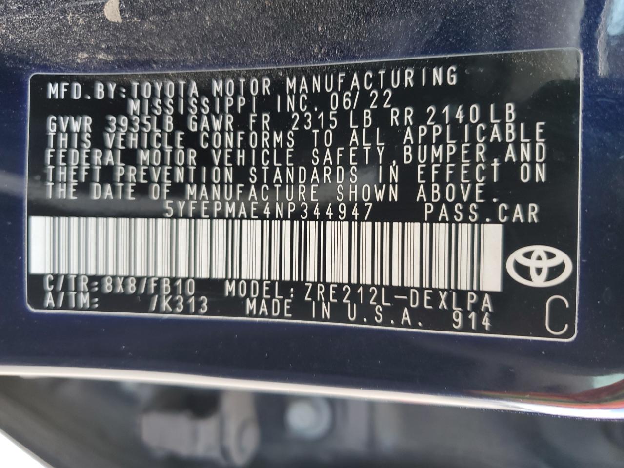 5YFEPMAE4NP344947 TOYOTA COROLLA 2022