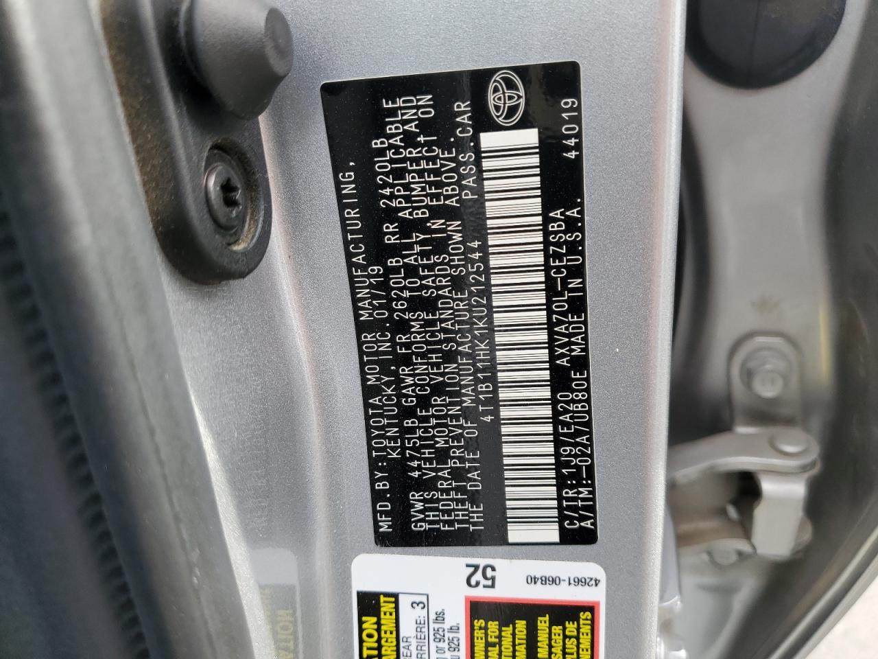 4T1B11HK1KU212544 TOYOTA CAMRY 2019