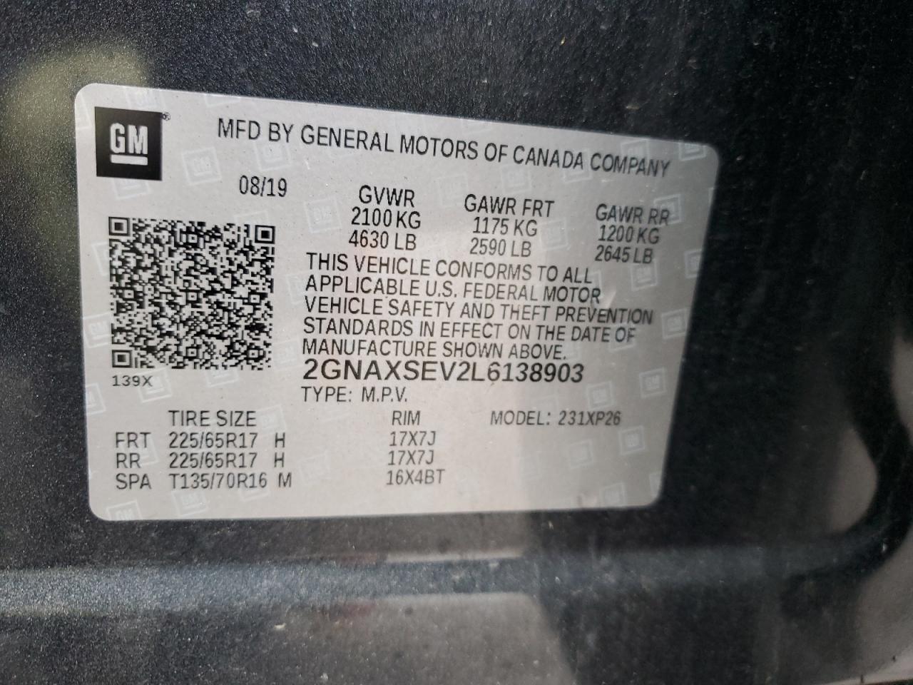 2GNAXSEV2L6138903 CHEVROLET EQUINOX 2020
