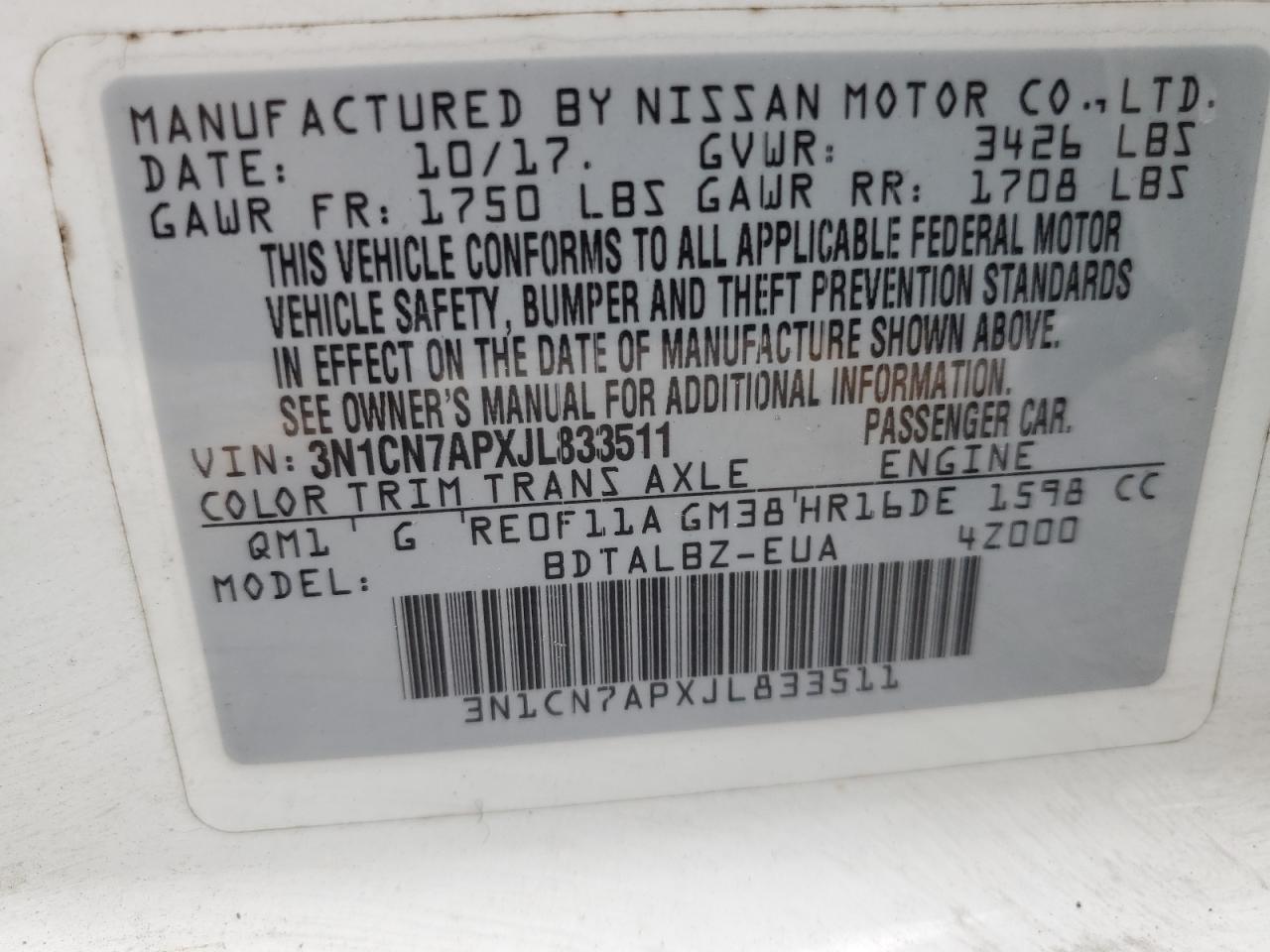 3N1CN7APXJL833511 NISSAN VERSA 2018