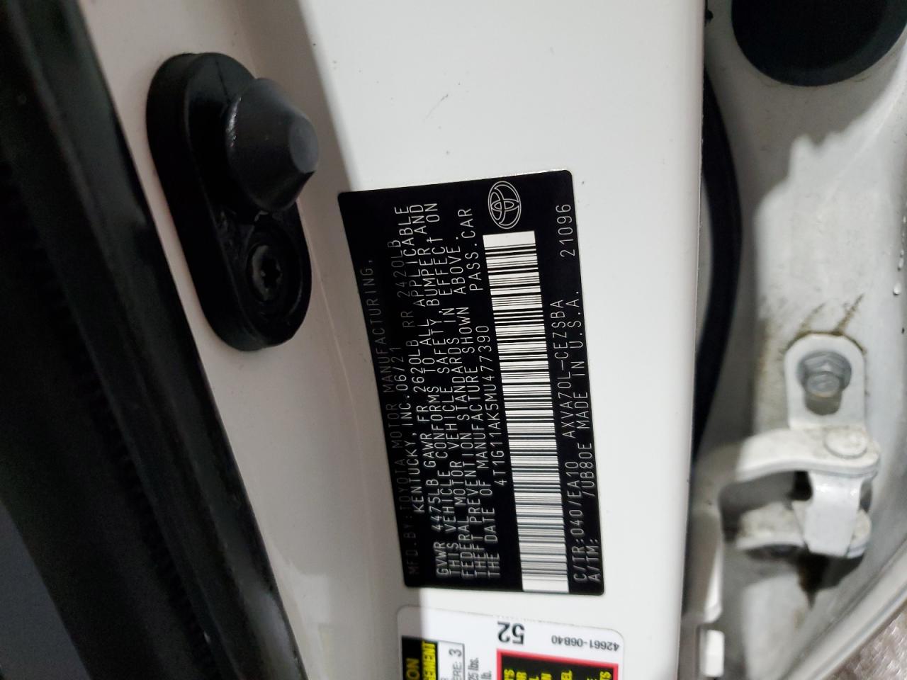 4T1G11AK5MU477390 TOYOTA CAMRY 2021