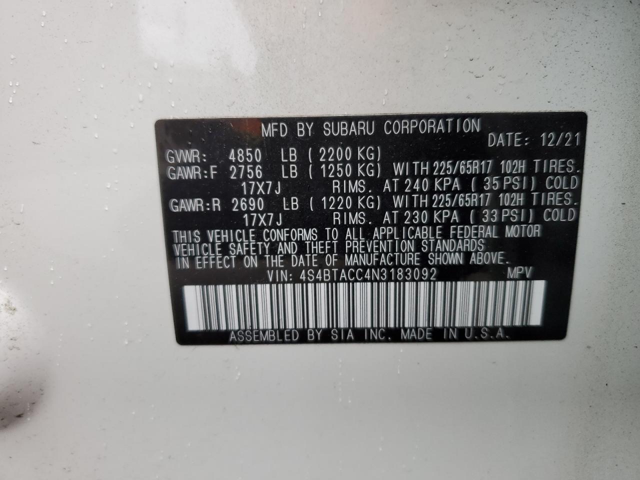 4S4BTACC4N3183092 2022 Subaru Outback Premium