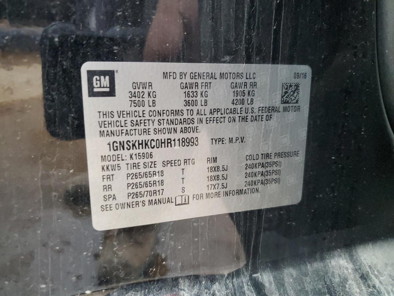 1GNSKHKC0HR118993 CHEVROLET SUBURBAN 2017