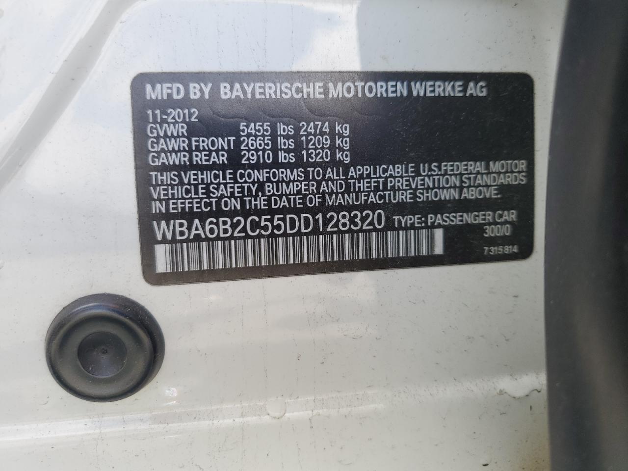 WBA6B2C55DD128320 2013 BMW 650 I