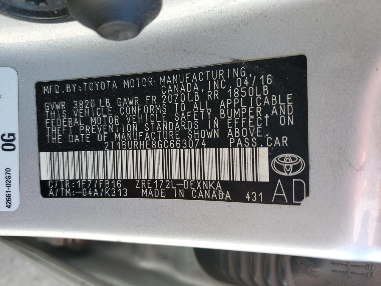 2T1BURHE8GC663074 TOYOTA COROLLA 2016