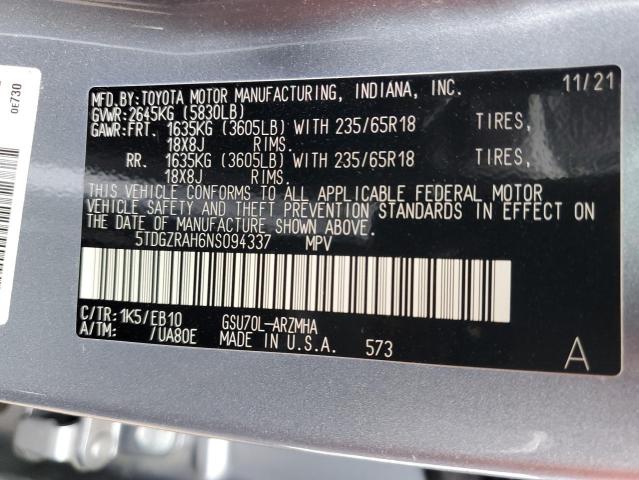 VIN 5TDGZRAH6NS094337 2022 Toyota Highlander, Xle no.14